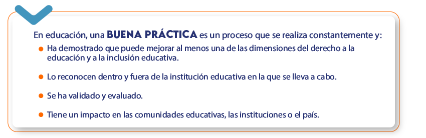 En educación, una buena práctica es un proceso que se realiza constantemente y: Ha demostrado que puede mejorar al menos una de las dimensiones del derecho a la educación y a la inclusión educativa. Lo reconocen dentro y fuera de la institución educativa en la que se lleva a cabo.
Se ha validado y evaluado. Tiene un impacto en las comunidades educativas, las instituciones o el país.
